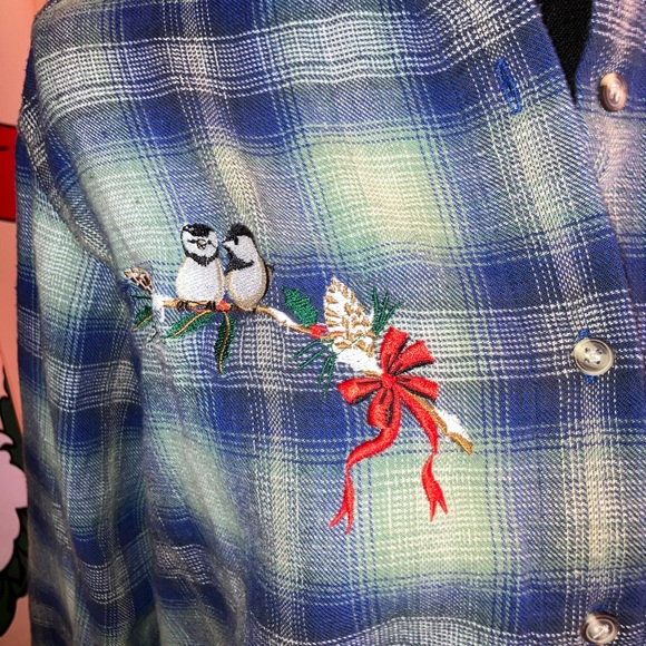Vintage plaid Christmas shirt, blue button-down birds embroidery, Holiday medium - Picture 2 of 6